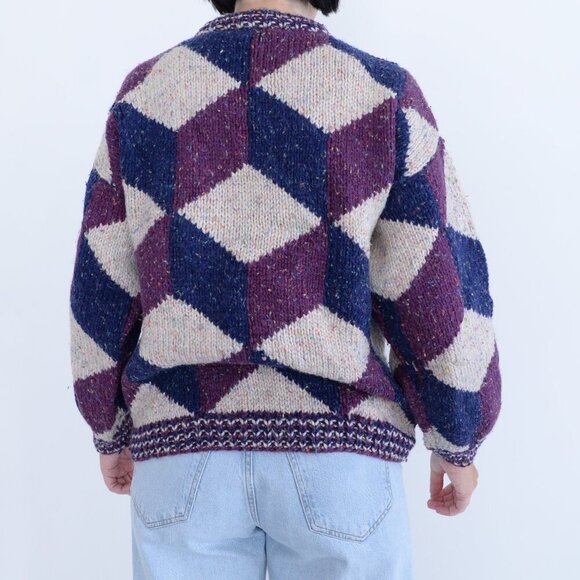 Taupe Purple Navy Argyle Gramacore Knit Crewneck Preppy Sweater M - Picture 3 of 11
